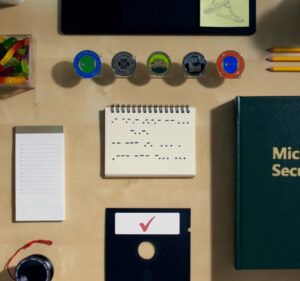 Aerial view of a desk