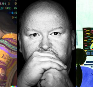 Three side-by-side images. Left and right images were generated by a producer using DALL∙E 2. Middle image is a photograph of Microsoft Chief Technology Officer Kevin Scott.