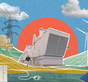 A datacenter surrounded by examples of renewable energy sources such as wind and solar power, with buildings and electrical lines in the background