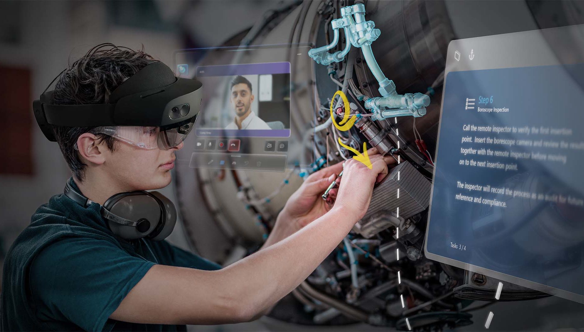A mechanic wearing a HoloLens 2 device repairs equipment overlaid with 3D annotations and holographic windows showing a Teams call and step-by-step instructions