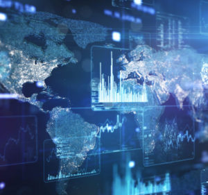 Futuristic data screen and hologram world map