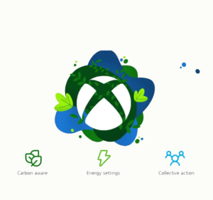 Xbox logo along with three icons related to carbon efficiency