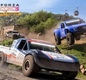 Multiple trucks racing in the desert