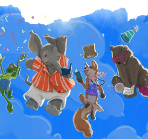 Cartoon frog, elephant, fox and bear reading against a blue backdrop