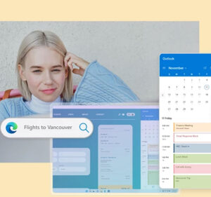 Woman's face along with snippets of screenshots from various apps