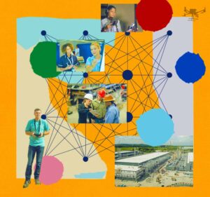 A graphic showing lines and dots in the background behind four photographs representing the four areas of Microsoft's approach to AI. A man in the lower left is shown controlling a drone flying in the upper right corner.