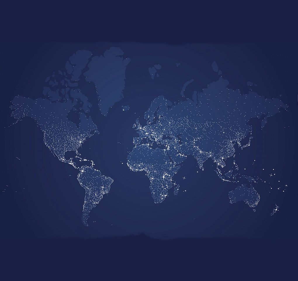 Map of the world with population centers presented as dots of light