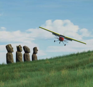 Small airplane flying over the famed Moai monoliths on Easter Island