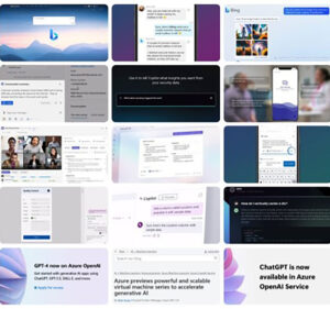 Panels showing examples of various AI user interfaces from Microsoft