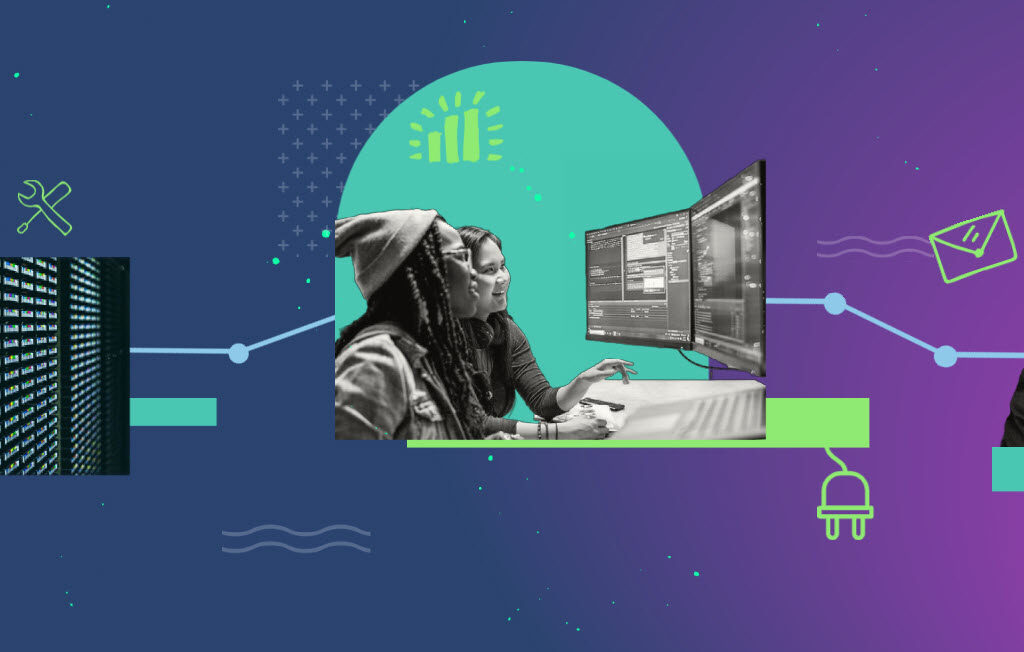 Illustration with graphics and images that show development of a copilot, from accessing cloud tools, to adding plugins to other software and deploying the copilot for use at a call center.
