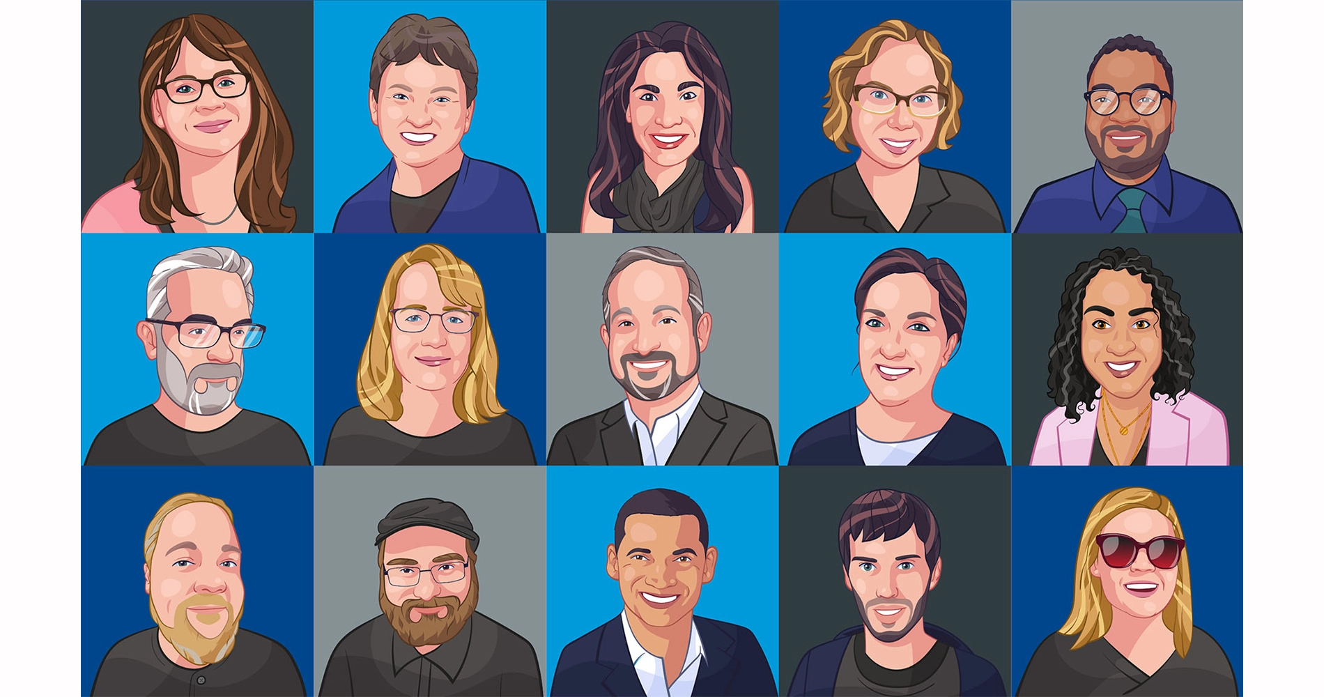 collage of cartoon style people smiling