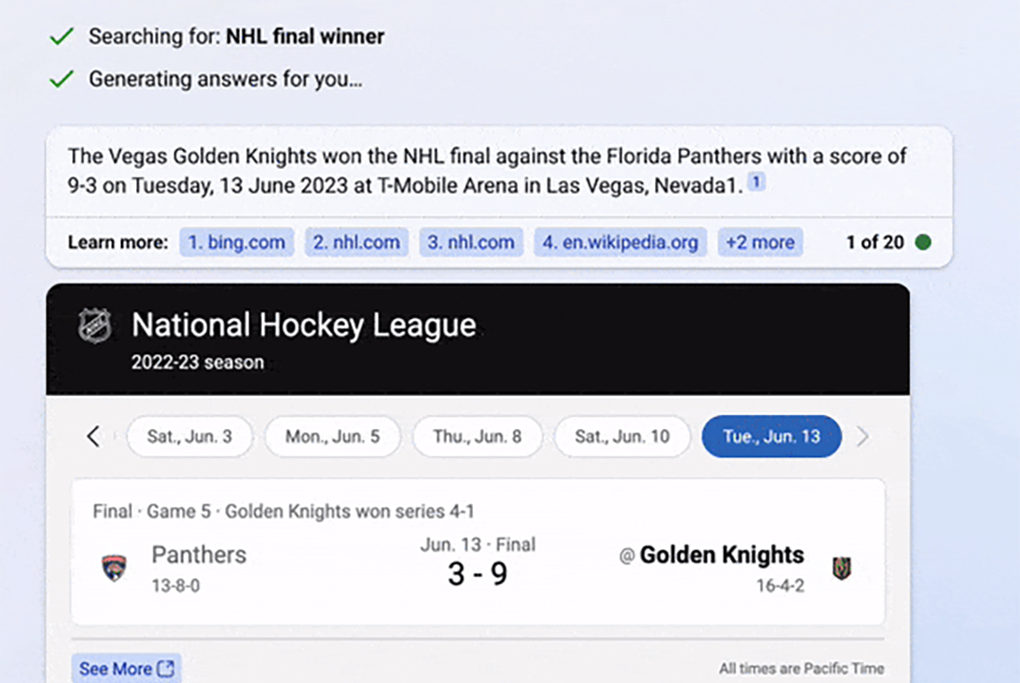 Bing response to a search for the NHL final winner