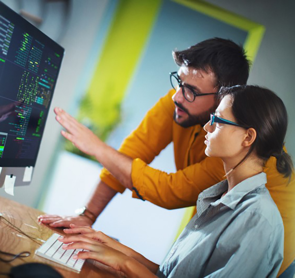 Woman and man work together using a desktop computer and monitor