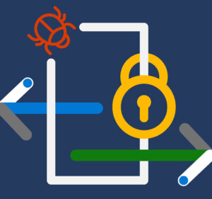 Image including a bug, a keyhole and two arrows pointing in opposite directions