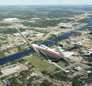 Small plane flying over Waco, Texas
