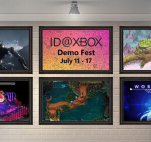 Six picture frames, each with images from games except for one reading ID@XBOX Demo Fest July 11-17