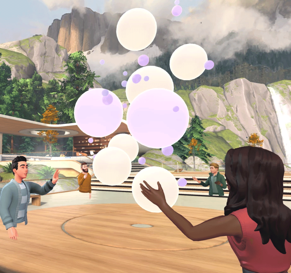 Four animated characters interacting with bubbles