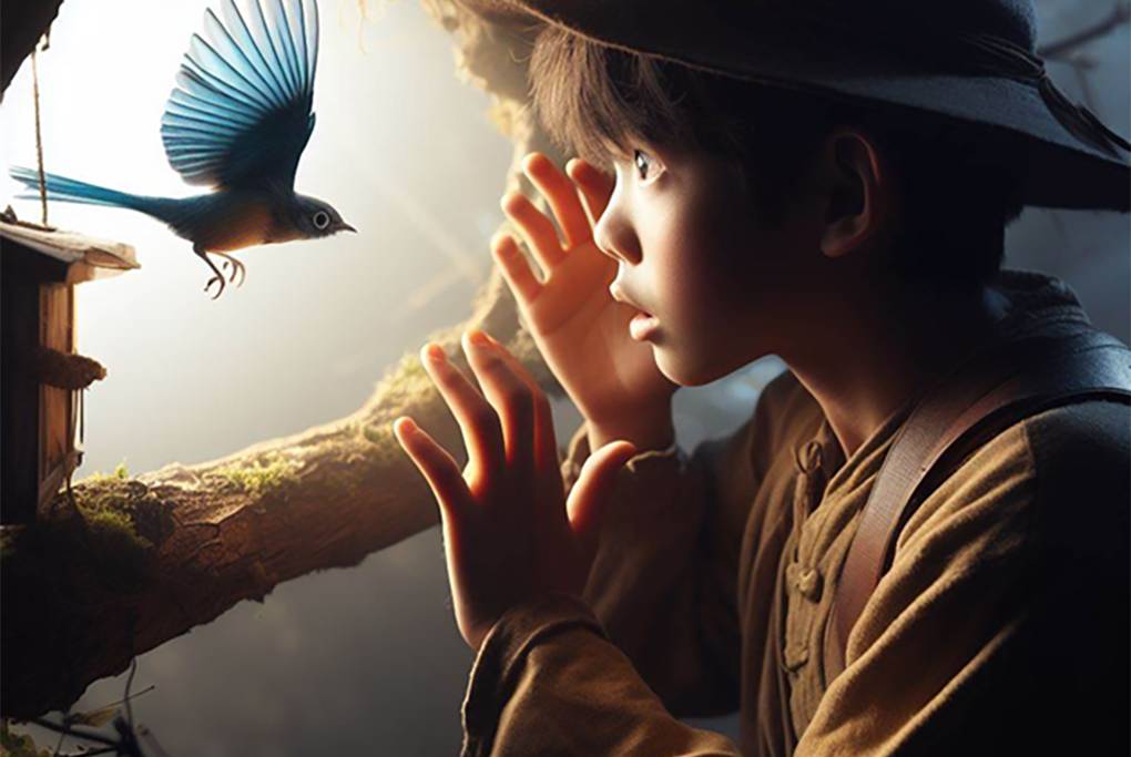 Boy wearing a hat at night looking with fascination at a bird hovering in front of him emanating a glow