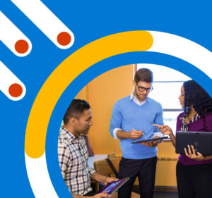 Three people in a discussion at work