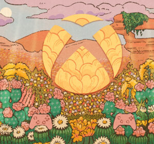 Xbox logo above a field of flowers and two gaming controllers