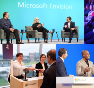 Three photos, two of people presenting on stage and one of people registering for an event