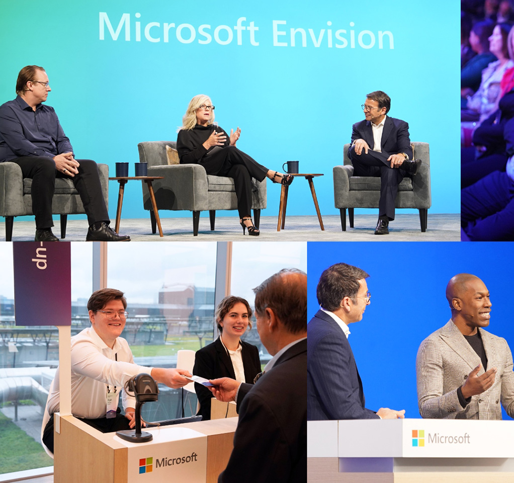 Three photos, two of people presenting on stage and one of people registering for an event