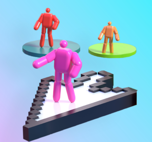 Three stick figures, two standing on circular discs and one on an arrowhead shape