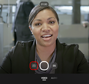 Woman in a Teams meeting, along with buttons to record her image