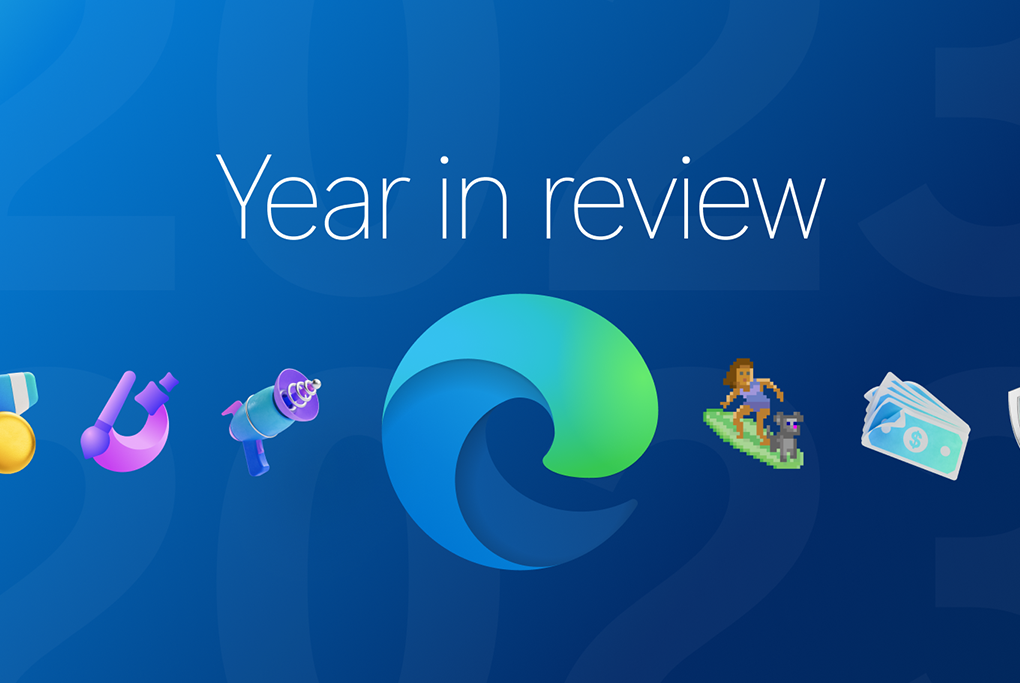 The words "year in review" over a horizontal array of graphics including the Microsoft Edge logo