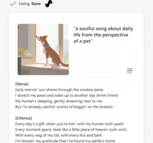 Cartoon of a profile of a dog, appearing above words of a verse and chorus