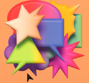 Shapes in different colors, including a star and cartoon quote icons