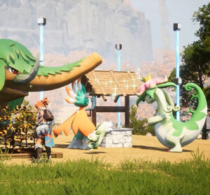 Fantastical creatures converging in a village