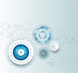 Four gears over a mechanical drawing