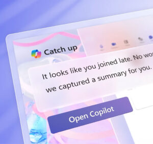 Microsoft 365 meeting message reading: It looks like you joined late. No worries, we captured a summary for you. Open Copilot