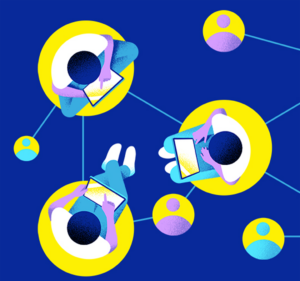 Illustration of a view from above three people working on mobile devices