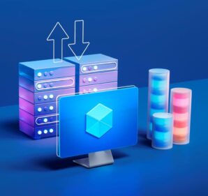 Icons representing datacenter servers, storage units and a desktop monitor