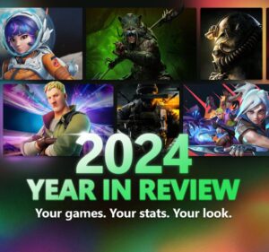 Text reading 2024 year in review surrounded by gaming characters