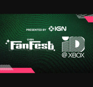 Text reading IGN FanFest and ID at Xbox on a green and black background