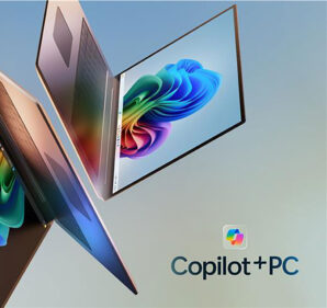 Two laptop computers and the logo for Copilot+ PC