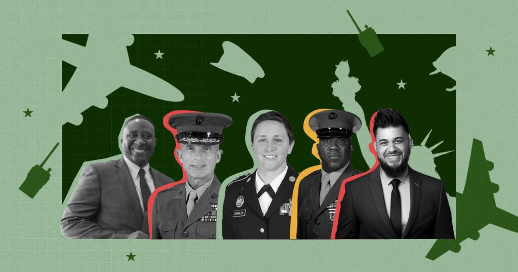A digital collage features five individuals outlined in red, yellow, and green against a dark green background. The backdrop includes military-themed silhouettes such as airplanes, hats, and radios, along with the Statue of Liberty.
