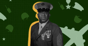 Stylized military portrait against green background with military symbols.