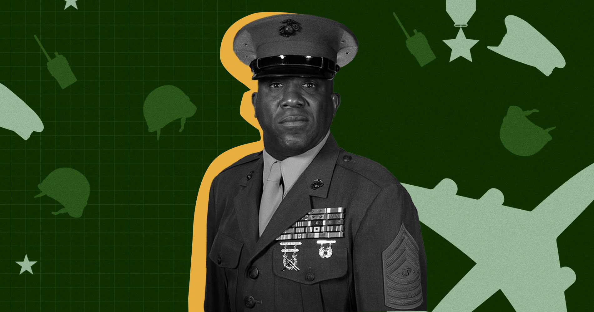 Stylized military portrait against green background with military symbols.
