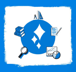 A variety of learning icons including books, a magnifying glass and a ruler