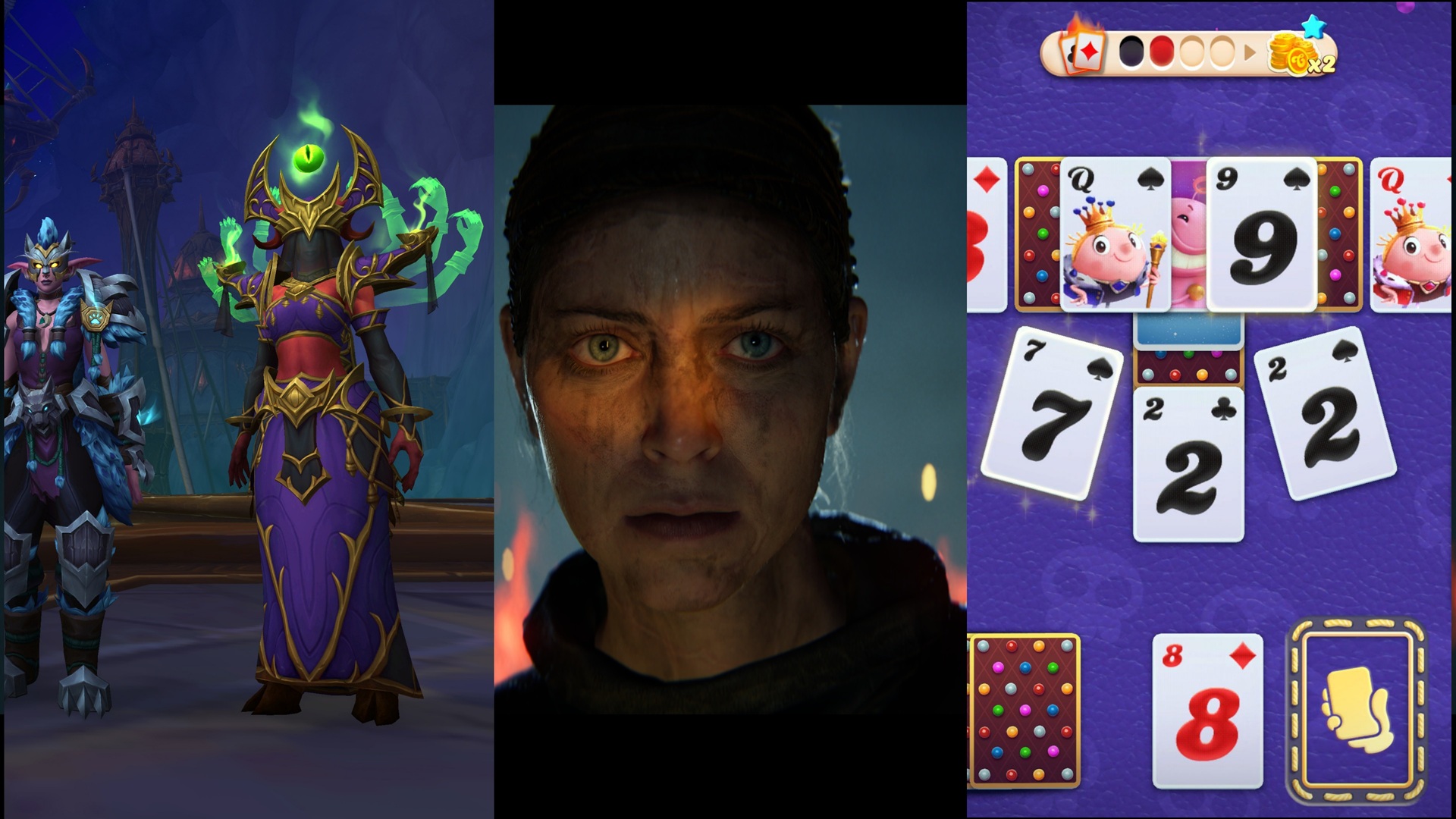 Three screenshots from 3 games that show armor, a woman staring and Solitaire cards