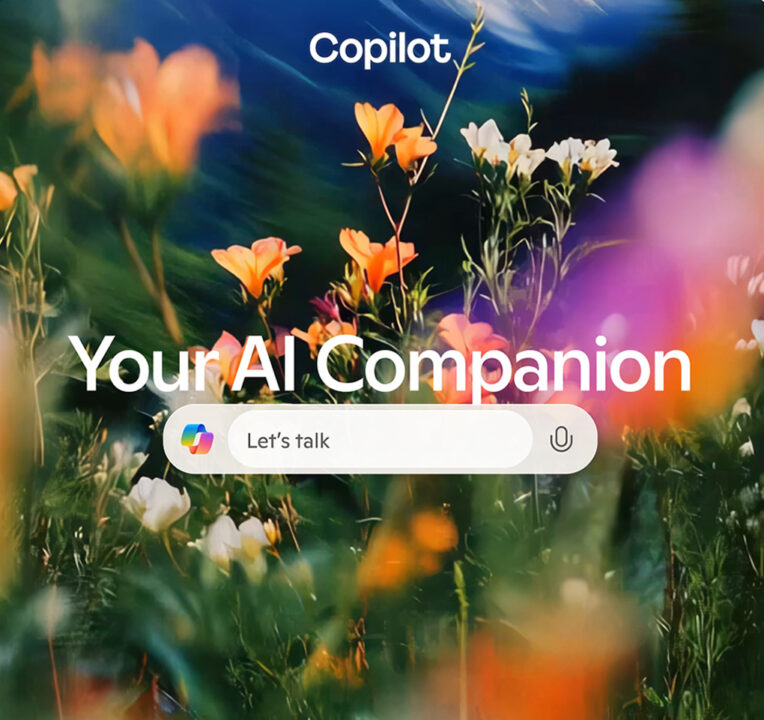 Text reading Copilot, your AI companion along with a search box against a backdrop of flowers