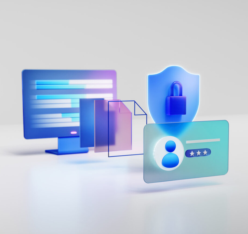 Illustration of a computer monitor along with security and credit card icons