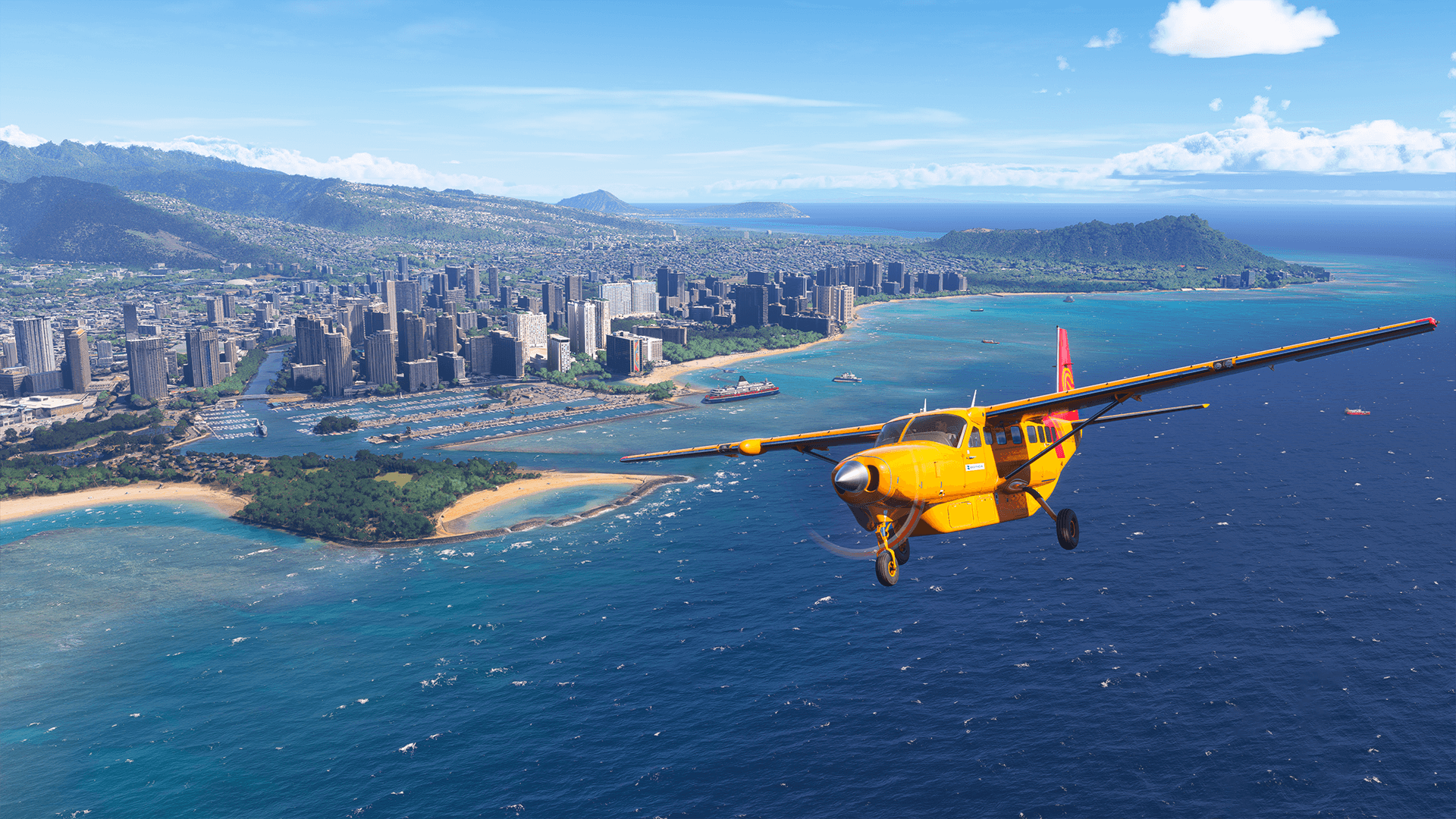 Yellow airplane flying over Honolulu