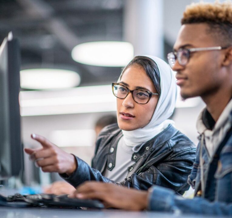 Two people discussing what's on the computer monitor they're looking at