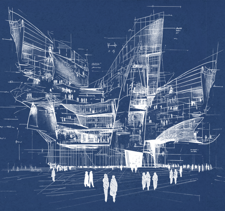 Illustration of people entering a structure