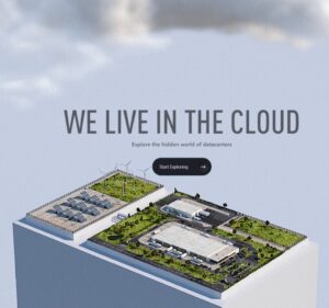 Text reading we live in the cloud above an illustration of a datacenter.